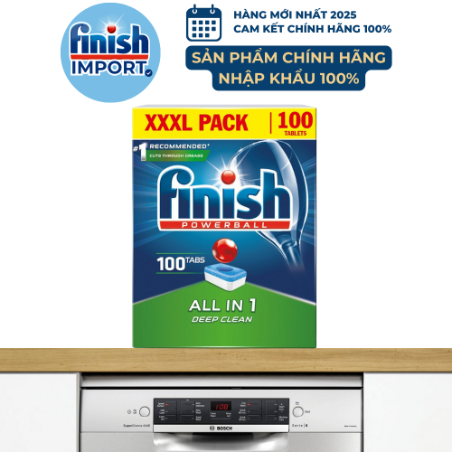 Hộp 100 viên Finish All in 1, 6 tính năng, hương nguyên bản, dành cho máy rửa chén 9-13 bộ trở xuống